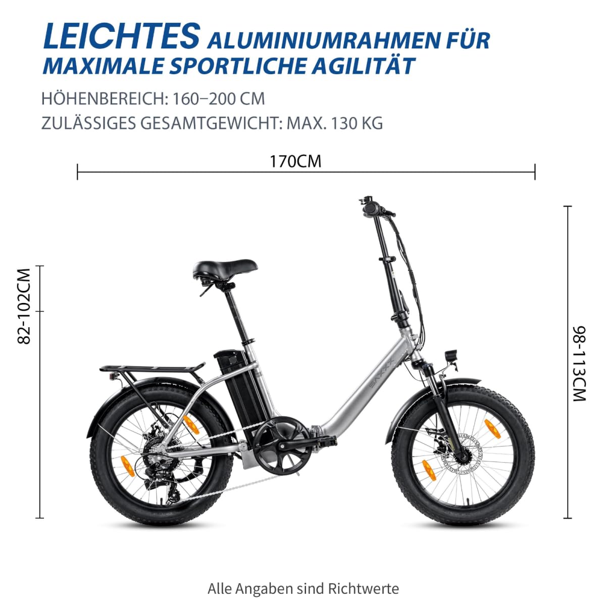 SAXXX E Bike Klapprad 20 Zoll mit 36V 13Ah Akku, E Fahrrad Herren mit 7 Gang Kettenschaltung, Elektro Klapprad mit Scheibenbremsen 120KM Lange Range, Elektrofahrrad Pedelec 25 km/h für Herren Damen