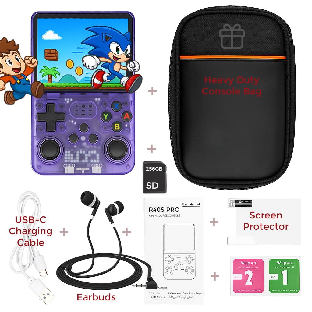 uMadeUs R40s Pro Handheld Gaming Console – 30,000+ Classic Video Game Collection – New Retro Arcade System With 256gb Sd Card - 3.5" Screen - Portable Player PSP, DS, GBA, PS1, MAME (Purple)