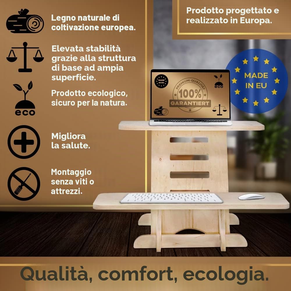 Supporto per computer portatile in legno, con supporto e scrivania in piedi, prodotto in UE