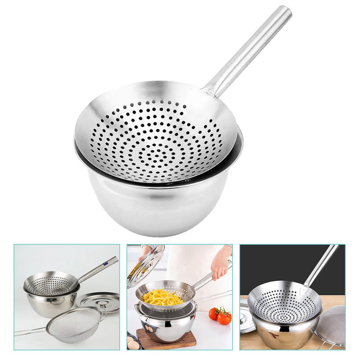 SHINEOFI Colador de Malla de Cocina de Acero Inoxidable 24 CM y Recipiente para Aceite Profundo de 23 CM Filtro Multifunción para Freír Utensilios de Cocina Profesional y Contenedor de