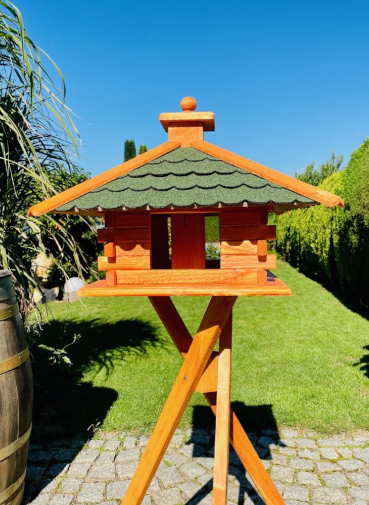 Comedero rectangular para pájaros, tamaño XL, comedero de madera, color marrón/rojo