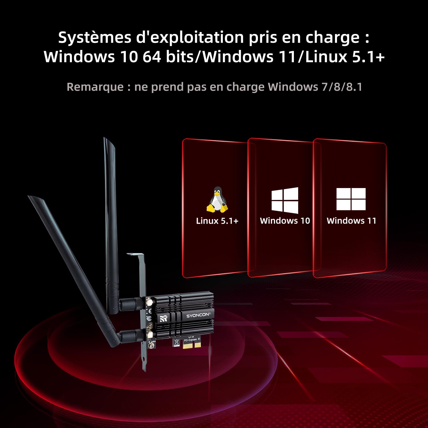 Carte WiFi PCIe AXE5400 Chipset Intel AX210 WiFi 6E avec Bluetooth 5.3 Tri-Bandes (6GHz/5GHz/2.4GHz) 5374Mbps PCI Express Carte réseau sans Fil Carte WiFi pour PC Windows 10/11 (Noir)