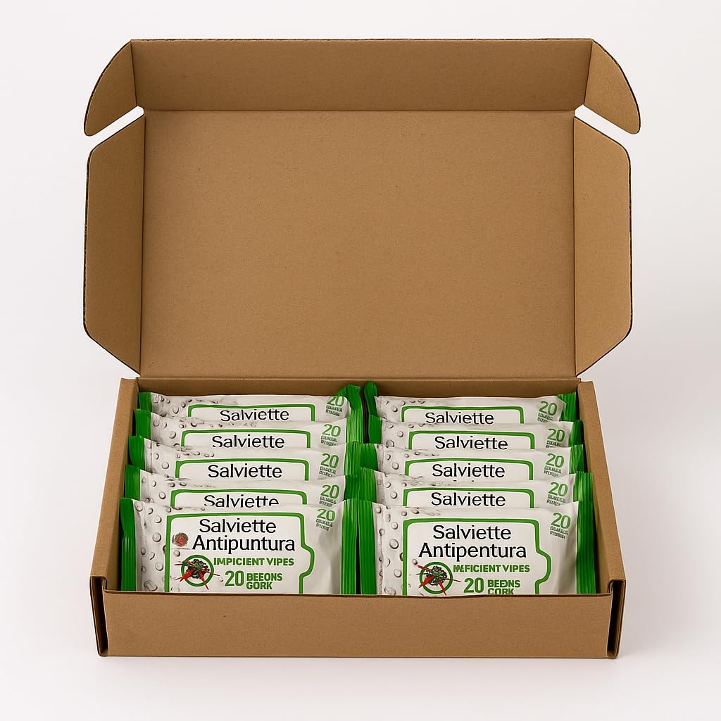 Salviette Antipuntura – 10 Confezioni da 20 Salviette – Presidio Medico Chirurgico – Efficacia 6 Ore – Repellente Zanzare, Insetti e Tafani – Pratiche, Monouso, Uso per Viaggio e Famiglia
