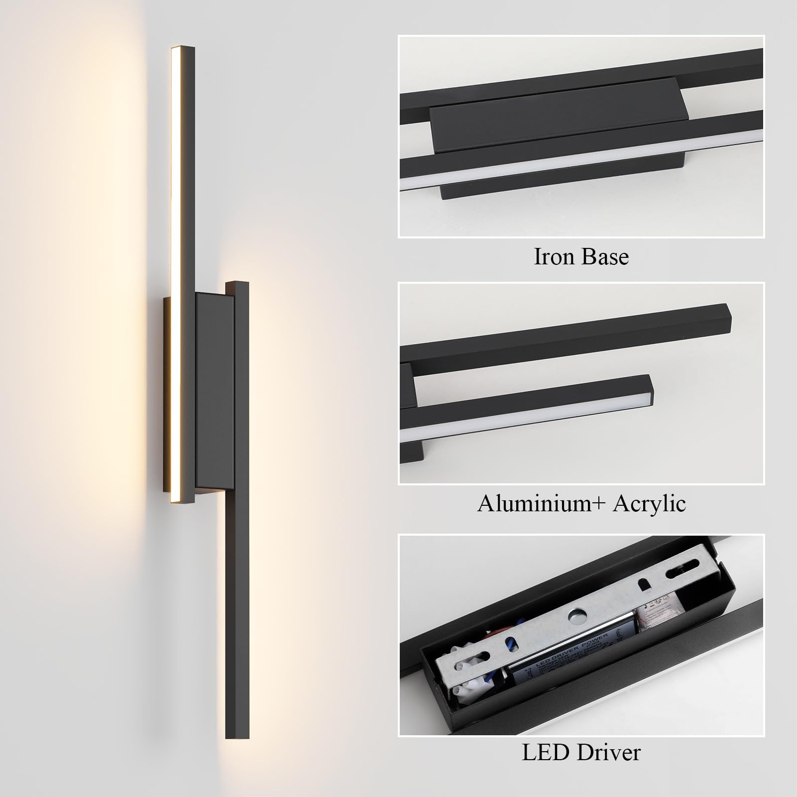 Klighten Wandleuchte Innen LED 24W 1700LM, Mordern Dekorative Wandlampe Für Schlafzimmer Wohnzimmer Korridor Treppenhaus, Einstellbare Länge: 40~60 cm, Warmweiß 3000K, Schwarz