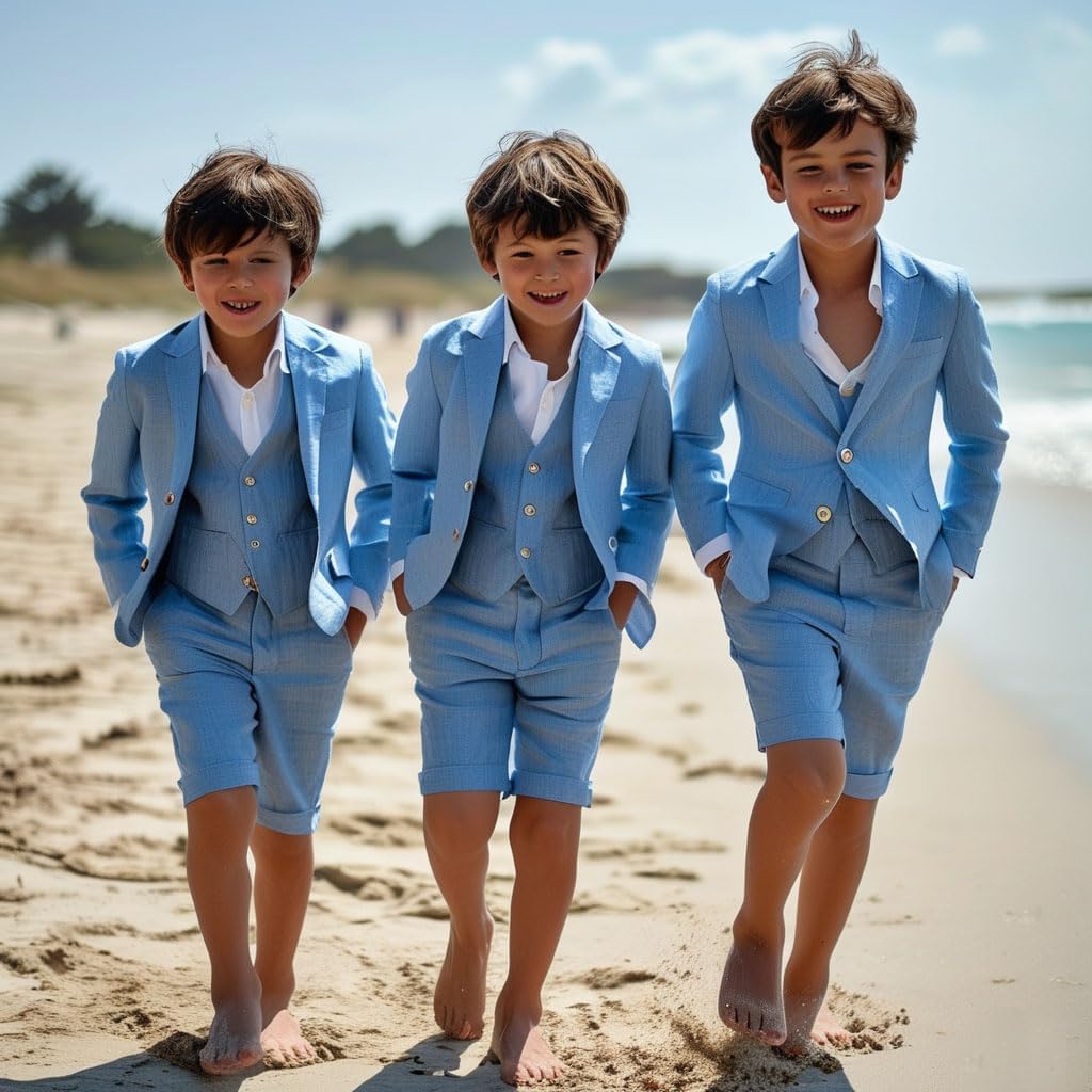 2 PC Boys Linen Suit One Button Blazer Short Pants Set for Summer Wedding Boys Formal Outfit
