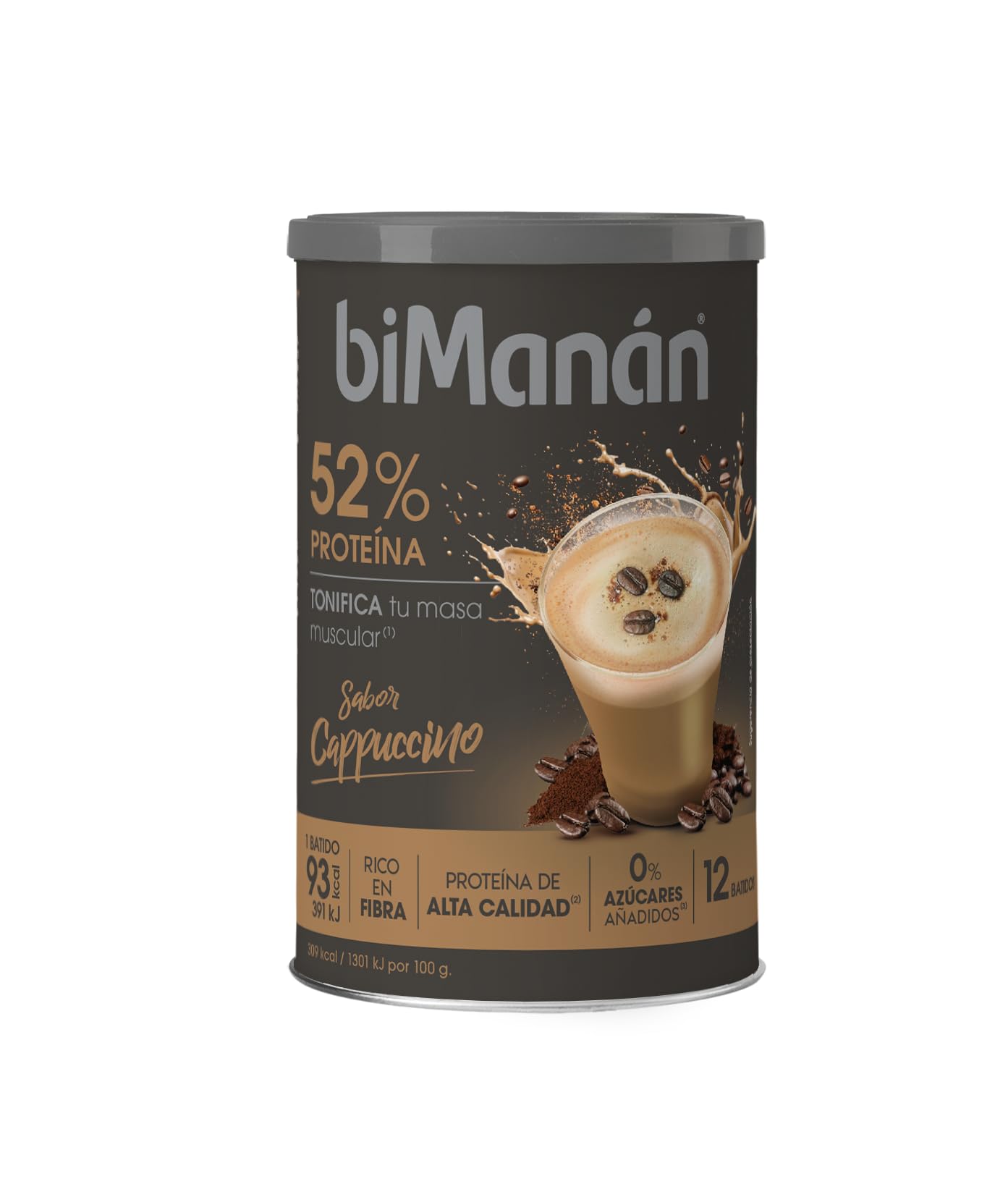BIMANÁN - Batido de Proteína Cappuccino | 52% Proteína, 19.32g por Porción | Ayuda a Tonificar y Aumentar Masa Muscular | 360g, 12 Raciones