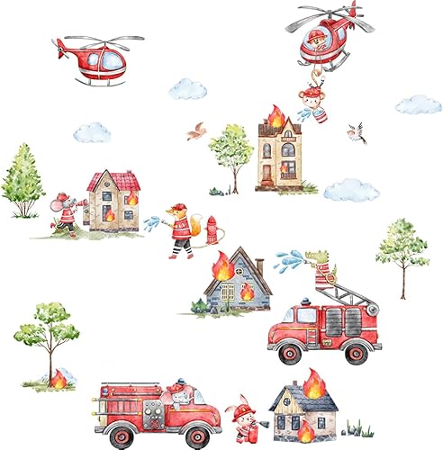 Miniatura 4 de Runtoo Calcomanías de pared de camión de bomberos, calcomanías de pared para automóvil, automóvil, helicóptero, bombero, decoración de pared para