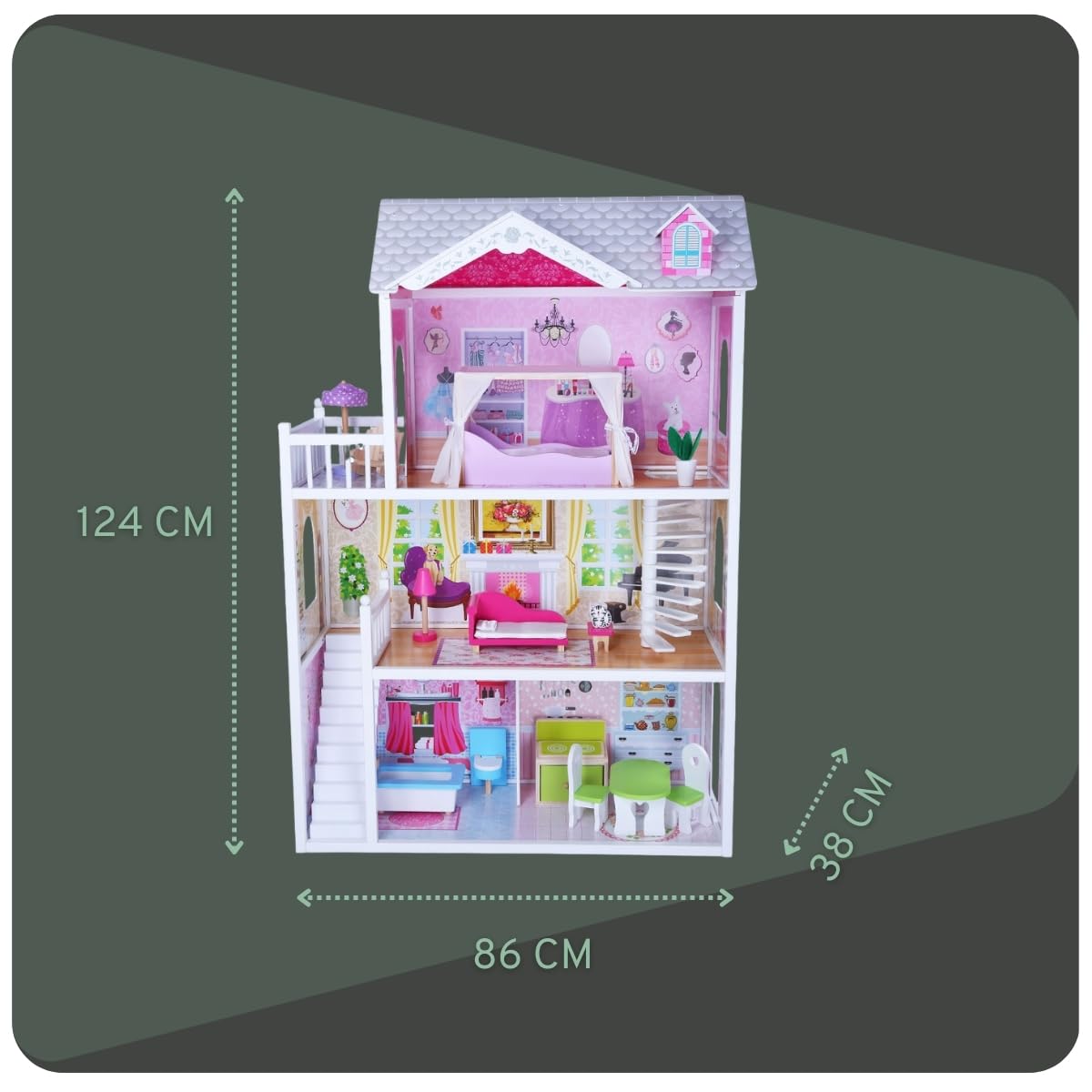 Bandits & Angels Puppenhaus aus Holz, Barbie-Haus, Angels Country House, ab 3 Jahren, 124 cm hoch – inklusive 14 Möbelstücken – für Barbie-Puppen – Puppenhaus – Puppenspielzeug