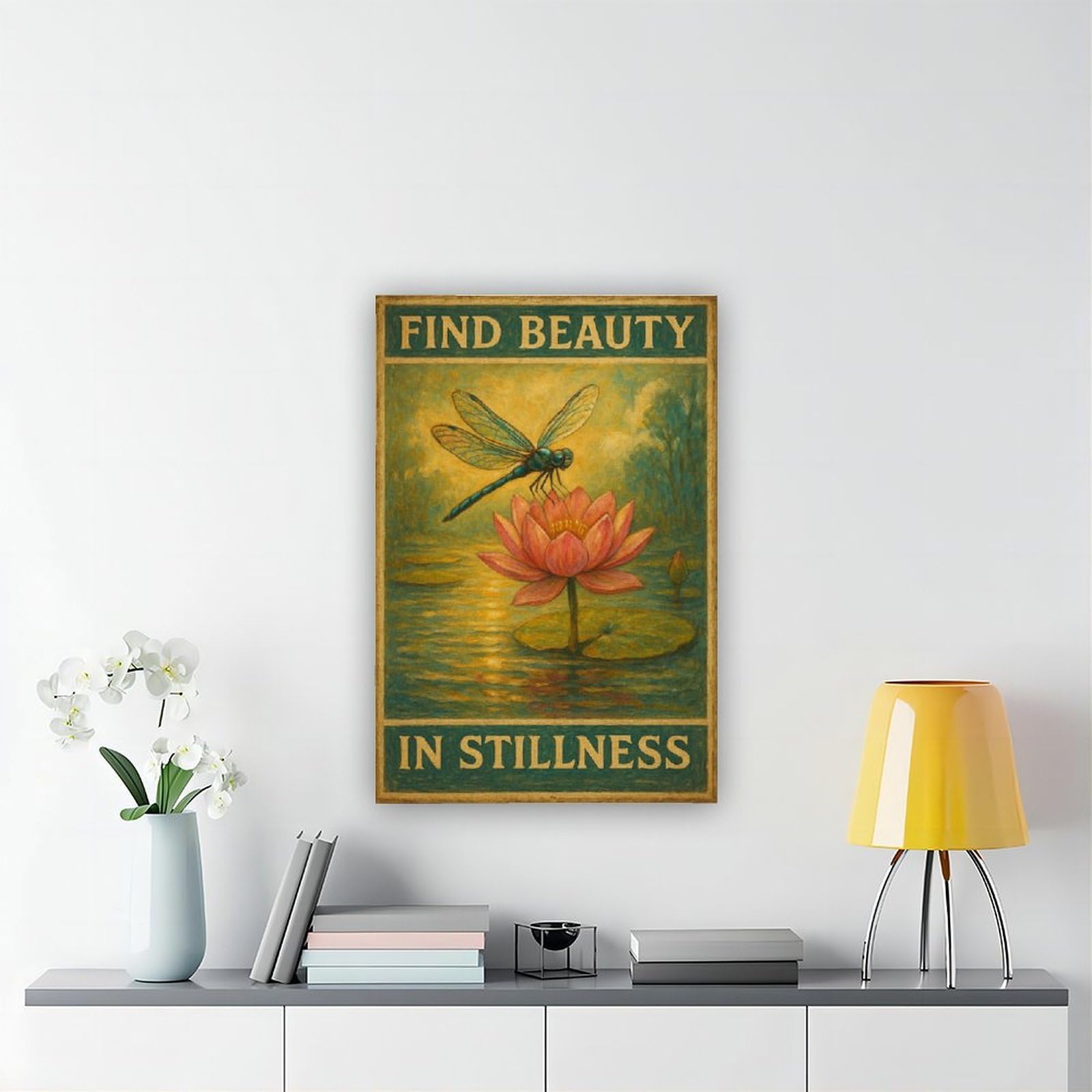 Poster su tela con libellula "Find Beauty in Stillness", per ufficio, idea regalo