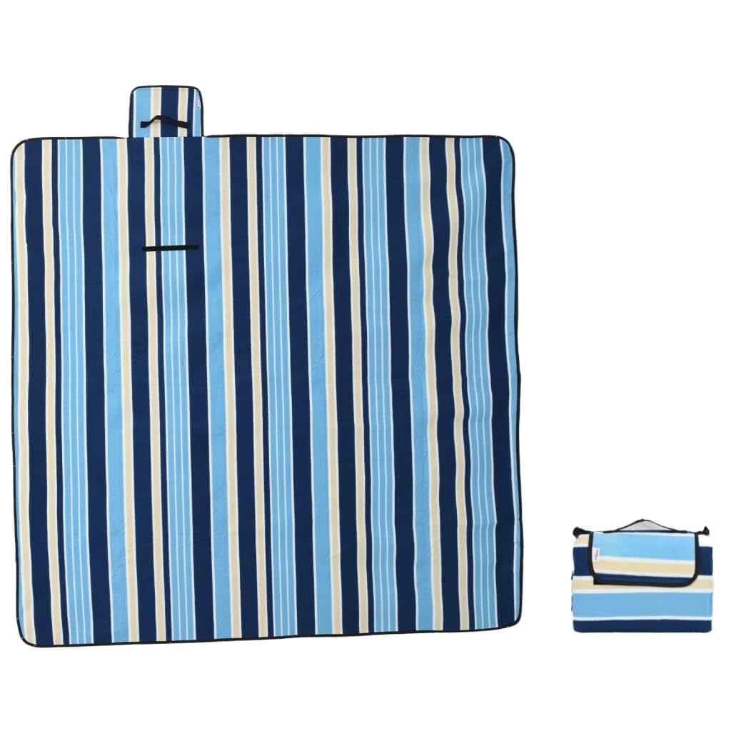 Picknickdecke 200x200 cm Klappbar, Campingdecke Blau Weiß Gestreift mit Tragegriff, Stranddecke mit Polsterung und Wasserdichter Unterseite