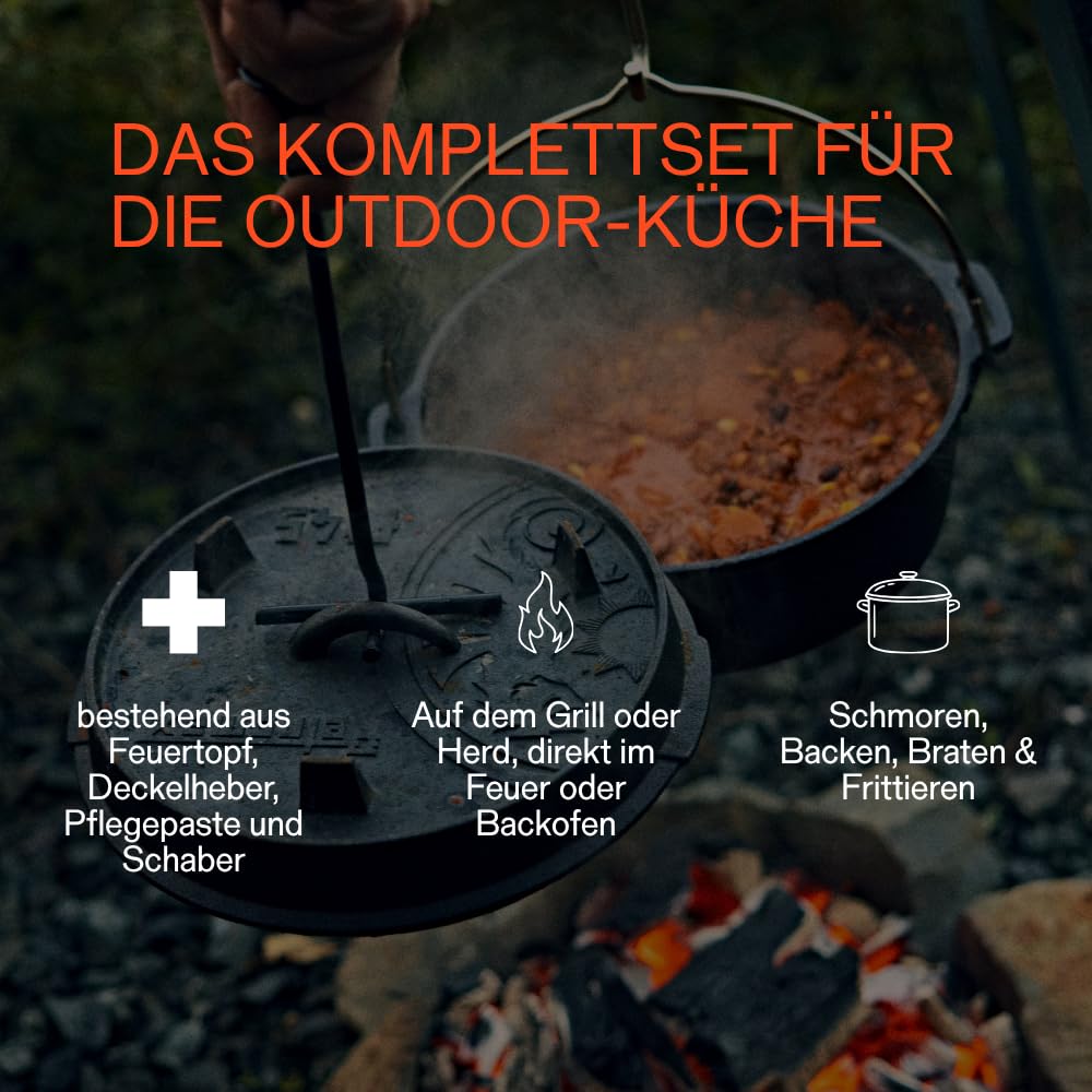 Petromax Feuertopf ft6t Einsteiger-Set - Dutch Oven mit planem Boden inklusive Deckelheber, Pflegepaste und Schaber - für alle Grillarten und offenes Feuer - 5,5 Liter