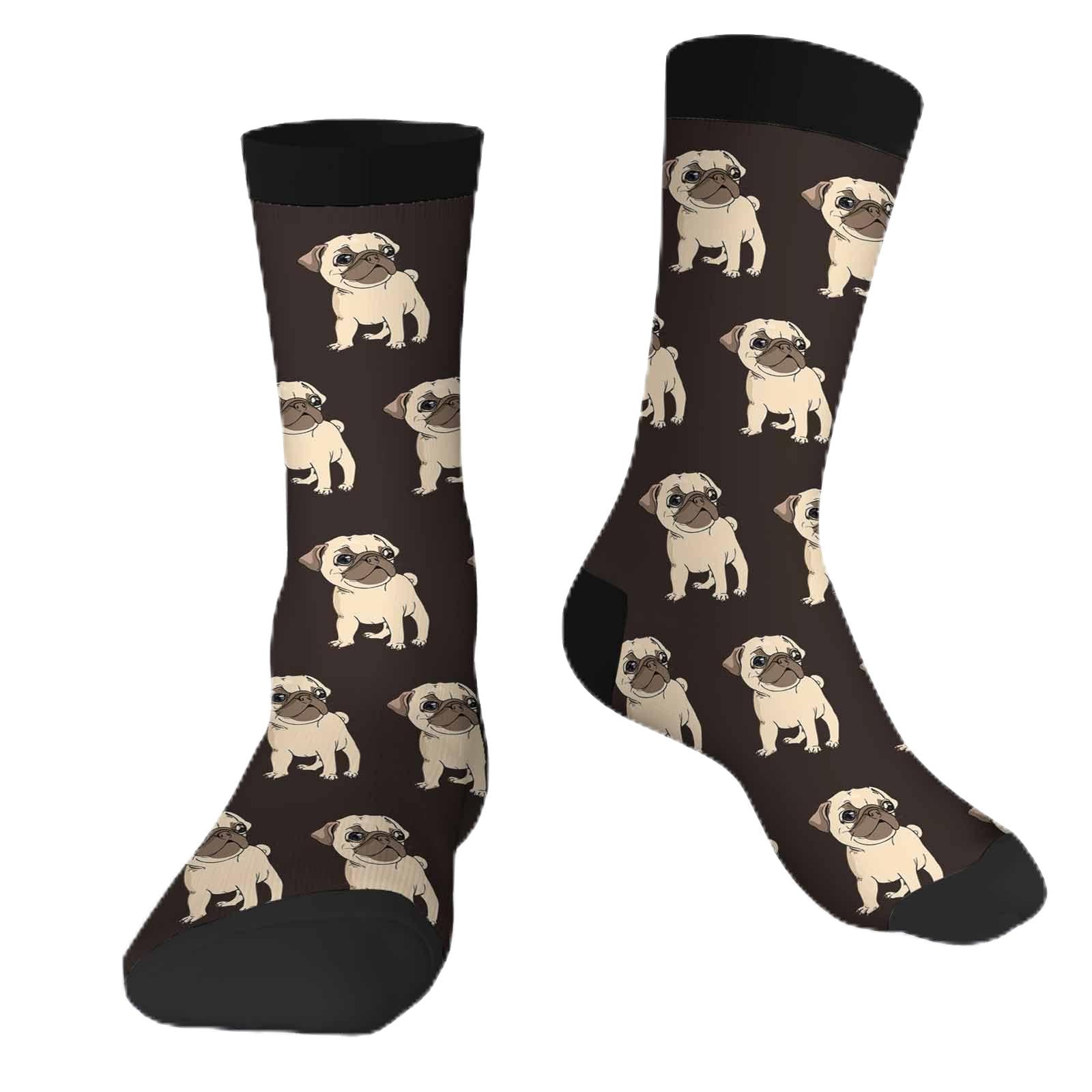 Beige Pug Funny Socks Novelty Casual Crew Socks Contrast Color Design for Women Men