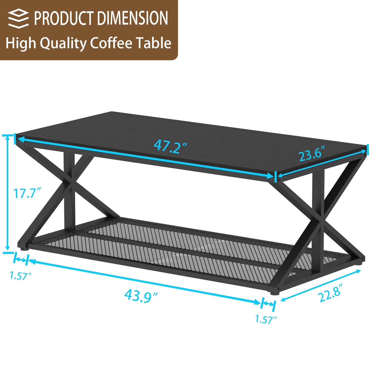 IBF Couchtisch mit Stauraum Wohnzimmertisch aus Holz Metall Industrieller Moderner Couch Wohnzimmer Tisch Mitteltisch mit Netzablage für Wohnzimmer Küche Schlafzimmer, Schwarze 120B cm