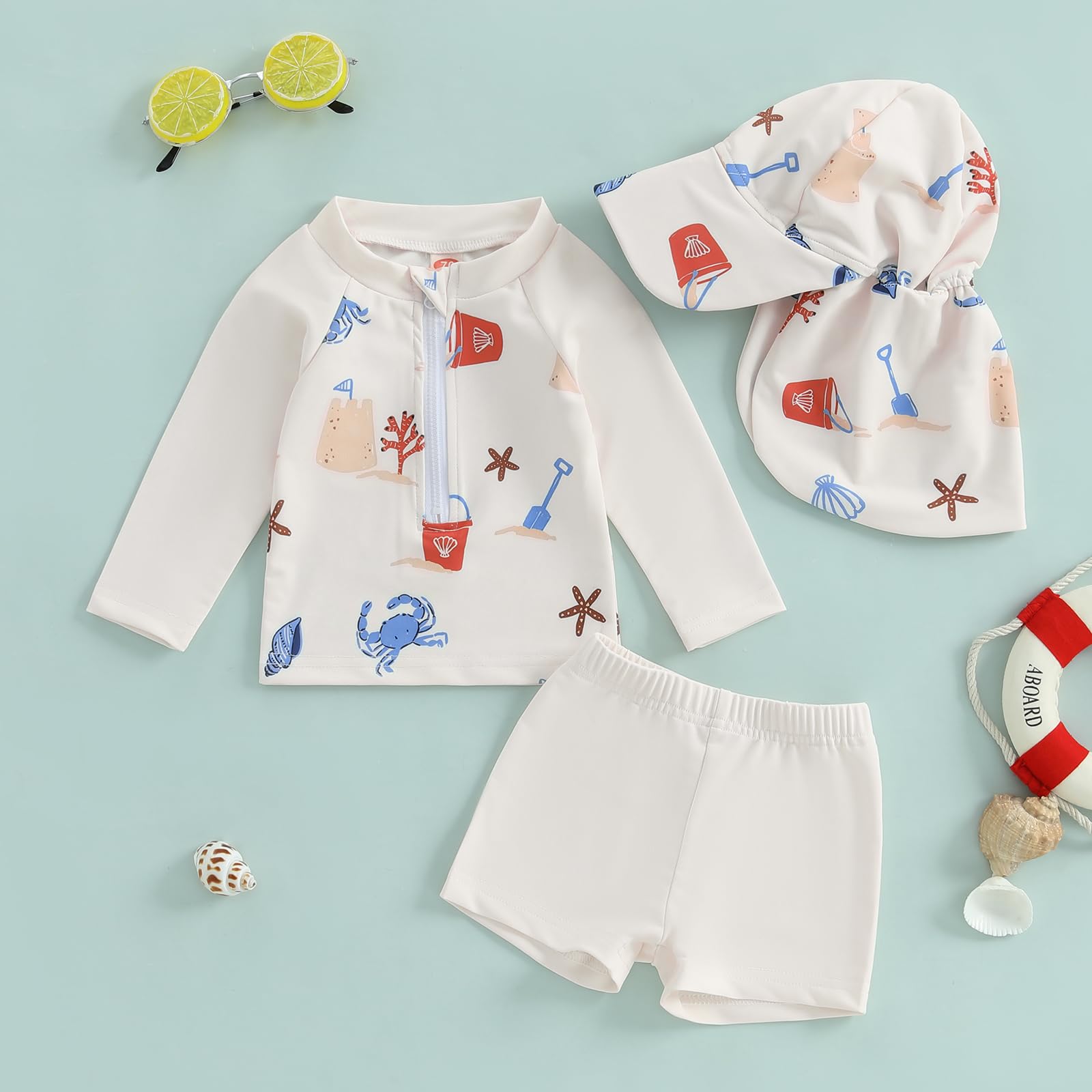 Toddler Baby Boys 3 Pieces Swimsuit Set Shark Tops Shorts Swimwear Bathing Suit Rash Guards with Hat Sunsuit (Khaki, 2-3 Years)