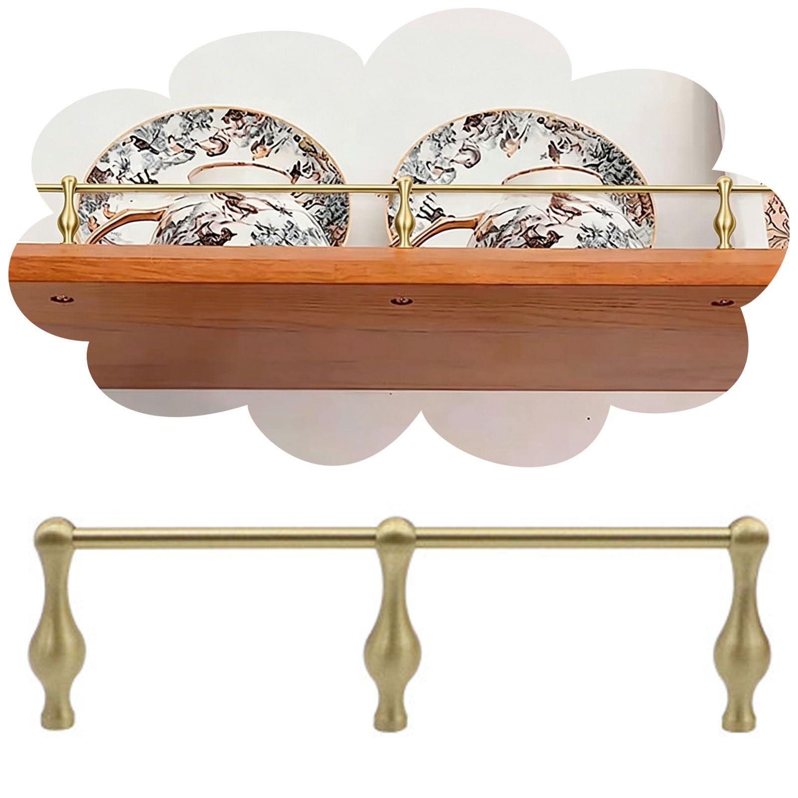 Gold Guard Railing for Wooden Shelves, Open Floating Shelving Rail for Bowl Dish, Brass Finish Shelf Edge Anti-Fall Fence, Cabinet Guardrail Bar(Style A,65inch/165cm)