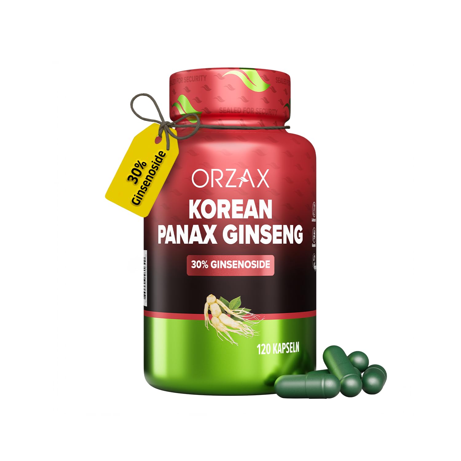 ORZAX Panax Ginseng C.A. Meyer – 1000mg Hochdosiert – 30% Ginsenoside – 120 Kapseln – Original Koreanischer Ginseng Wurzel-Extrakt – Vegan & Laborgeprüft