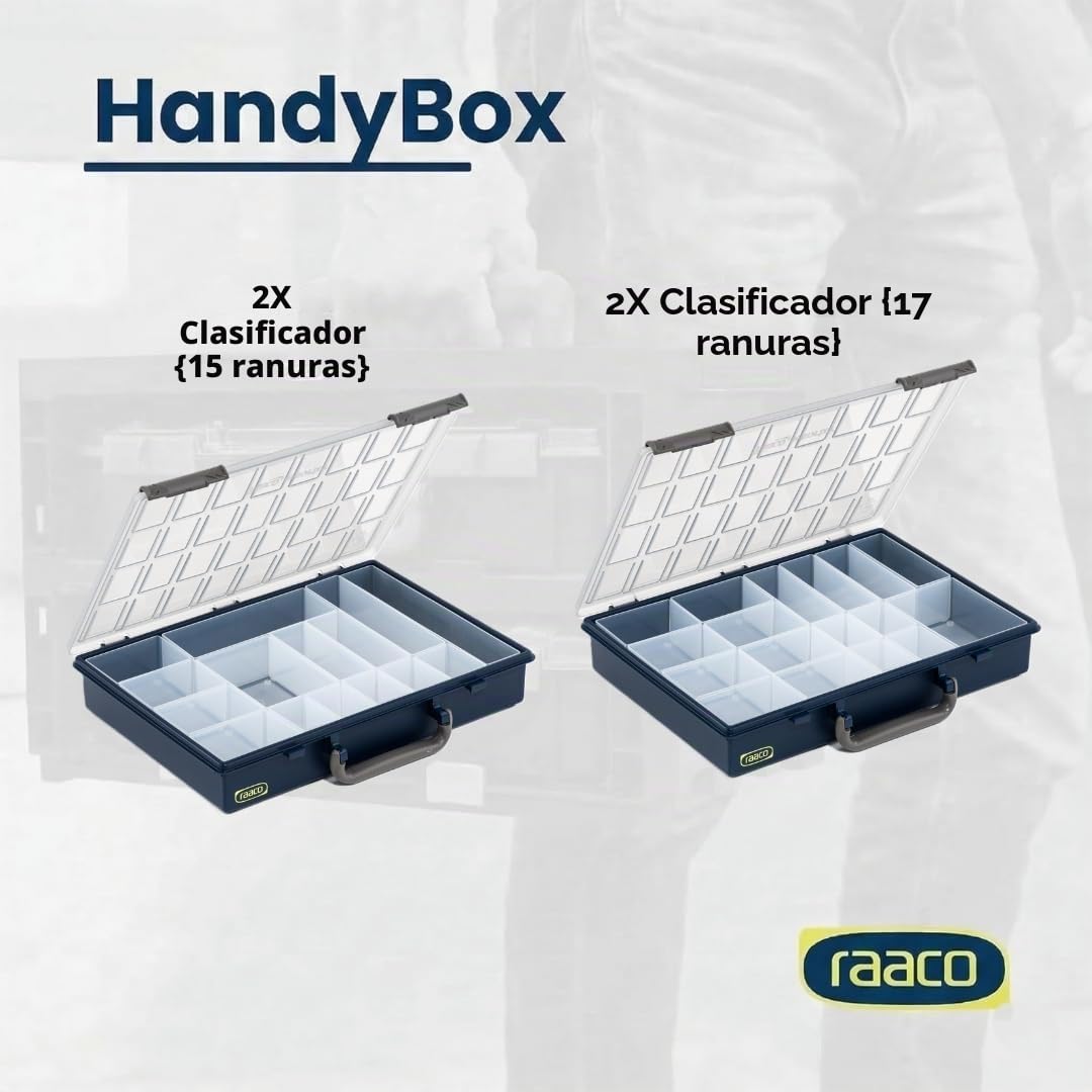 Raaco HandyBox 55x4, Caja de almacenamiento para taller con 4 cajas set | Caja de almacenamiento para taller con 4 cajas para tornillos y herramientas, Capacidad de Carga de 25 kg 26,5 x 37,6 x 31 cm