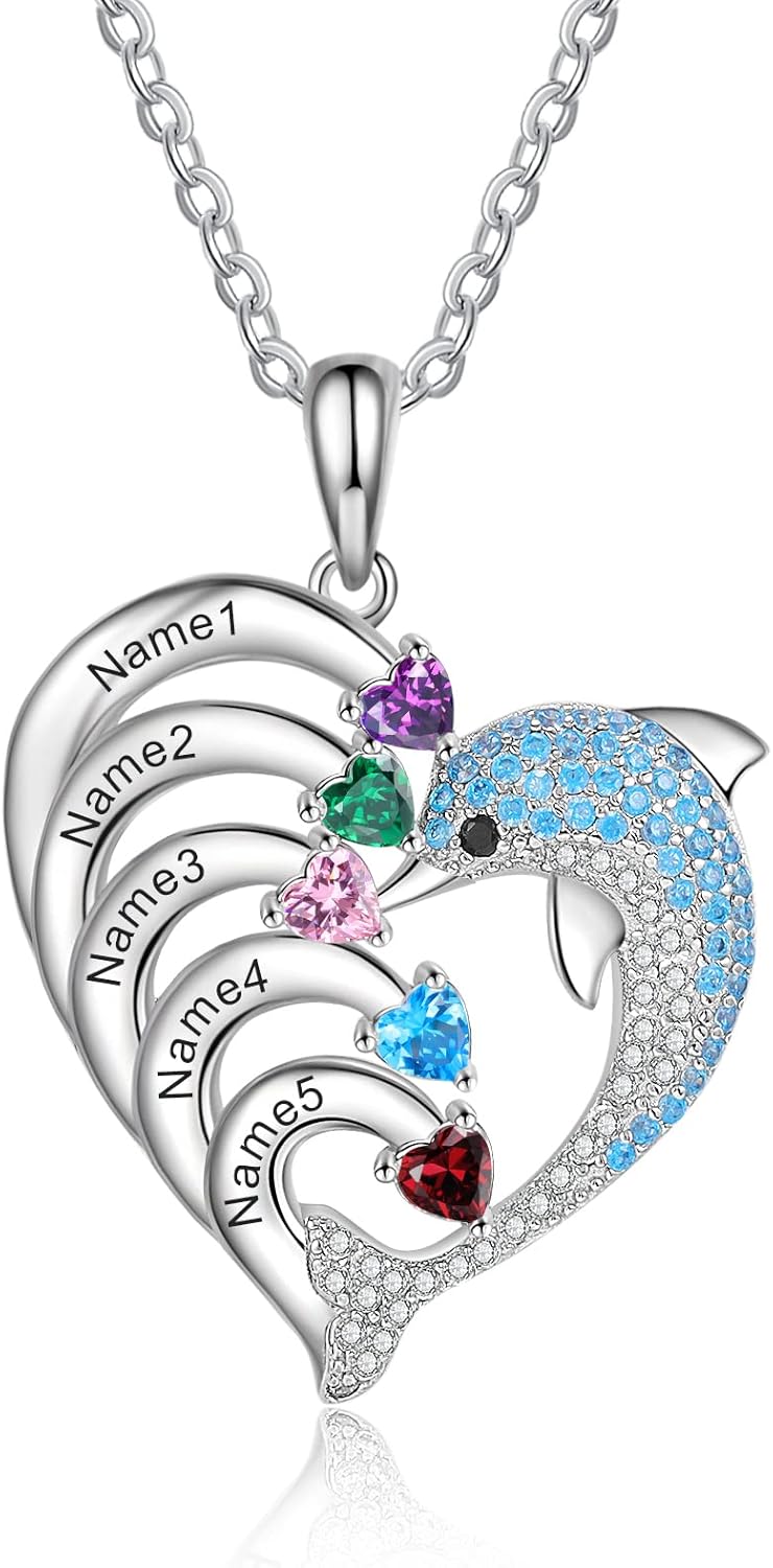 Personalized Dolphin Necklace, Simulated Birthstone Necklace for Women Engraved Names Promise Necklace for Her Mother Daughter Jewelry Gift
