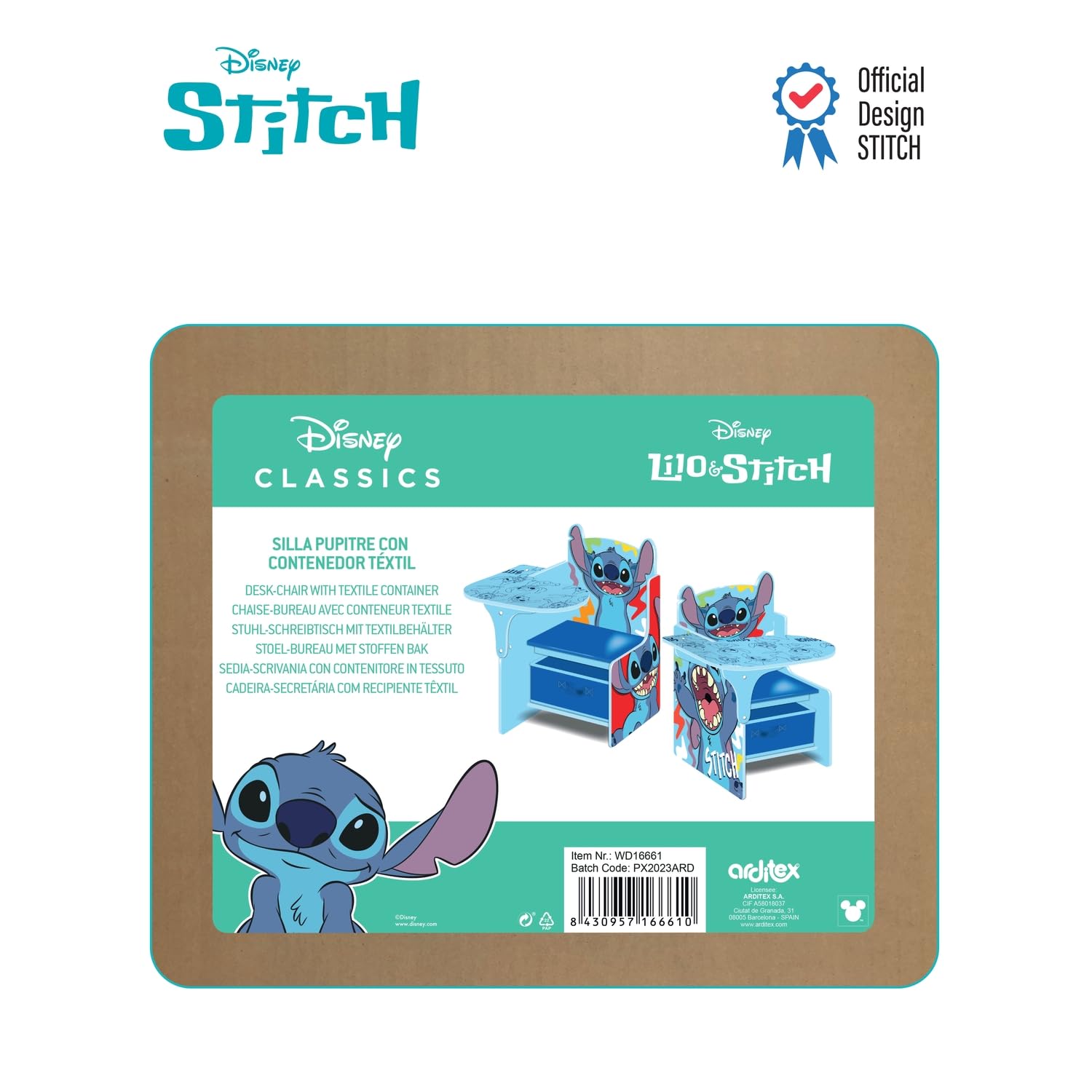 ARDITEX - Sedia-Banco infantile in legno con contenitore in tessuto di Stitch di Disney - 62x30x60cm - Colore Blu - Ideale per attività creative, studio o gioco.