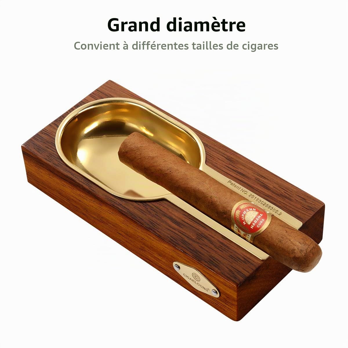 Cendrier à cigares en bois avec doublure en métal, grande fente unique et logo magnifiquement sculpté, cendrier classique élégant pour terrasse, extérieur, intérieur (Marron Noir)