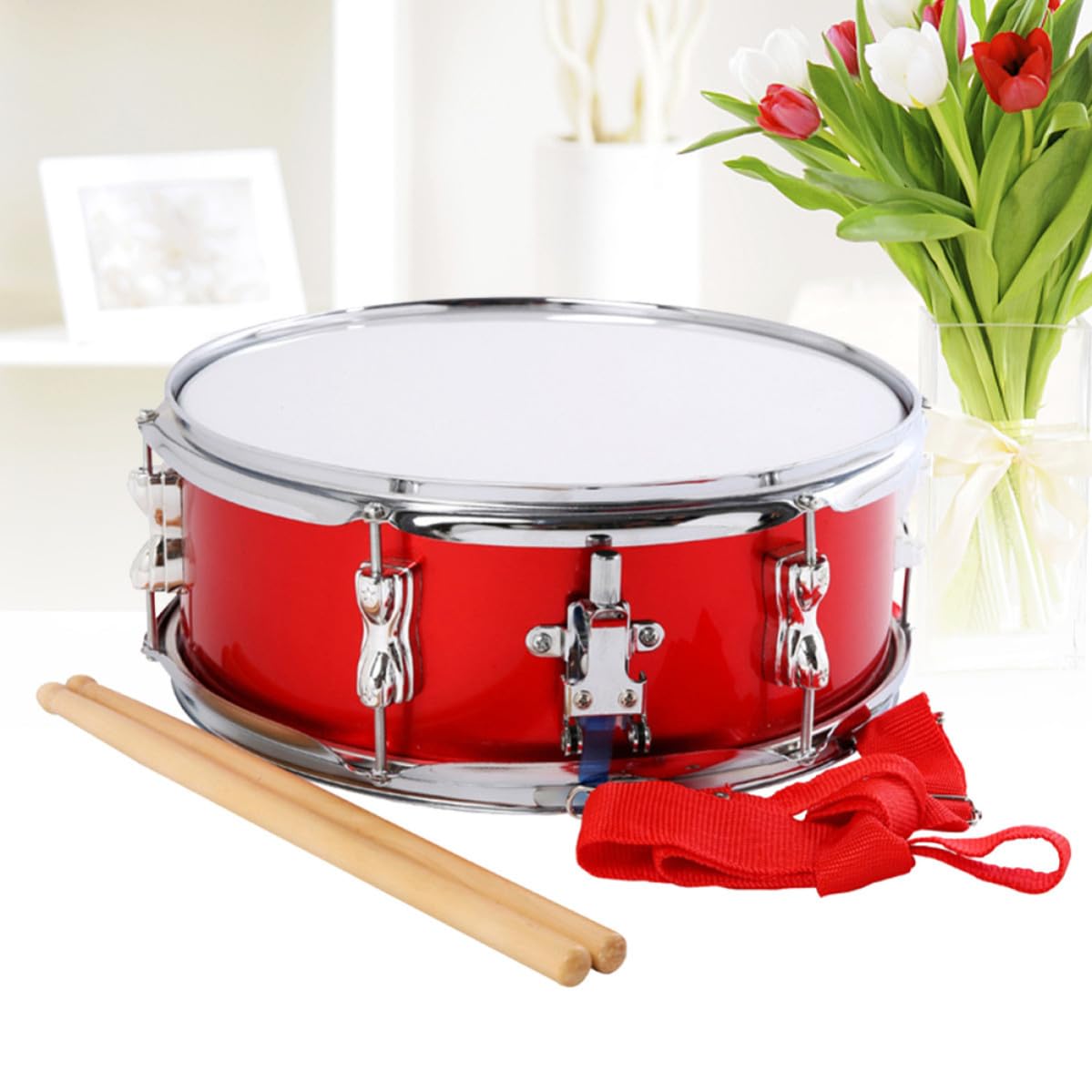 Rullante Rosso da 13 Pollici in Metallo, con Bacchette | Set per Bambini, Cinghia Regolabile Inclusa, Strumento a Percussione dal Suono di Qualità