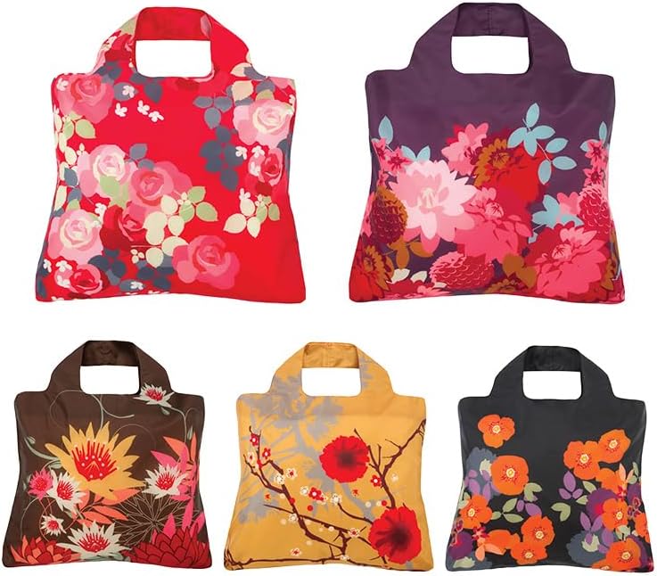 Reusable Grocery Bags- Set of 5 Bloom Designs,Eco Friendly Foldable Shopping Tote Bag