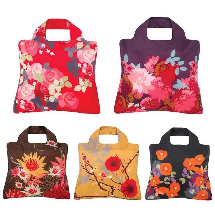 Reusable Grocery Bags- Set of 5 Bloom Designs,Eco Friendly Foldable Shopping Tote Bag