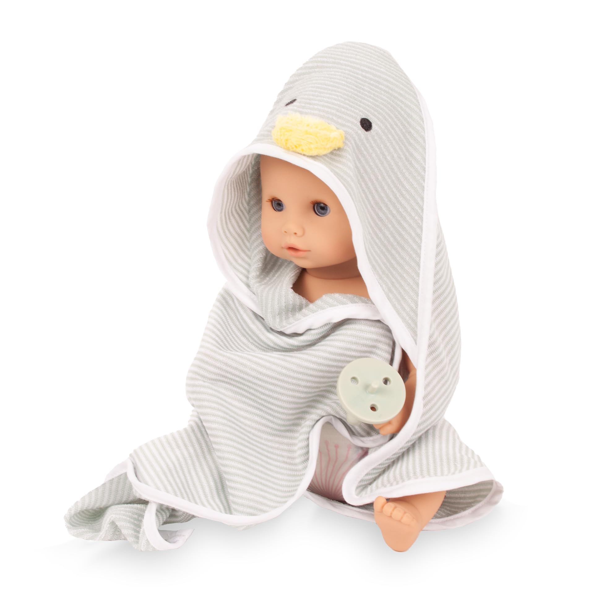Götz 2653163 Sleepy Aquini Girl Set Little Duck Puppe 33 cm Badepuppe 9-TLG | für Kinder ab 3 Jahren, Babypuppe, ohne Haare, Hartkörper, blaue Schlafaugen, Trink-/Töpfchenfunktion, Badewanne und Badeente