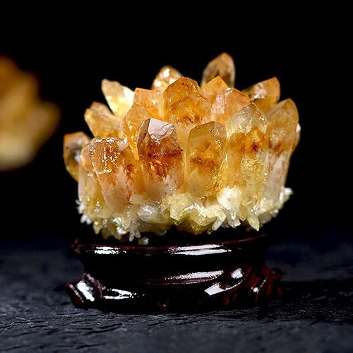 Miniatura 3 de Cristal de cuarzo fantasma de citrino natural, ametita mineral, muestra de decoración curativa + base de madera (14.11-17.64 oz, racimo fantasma de