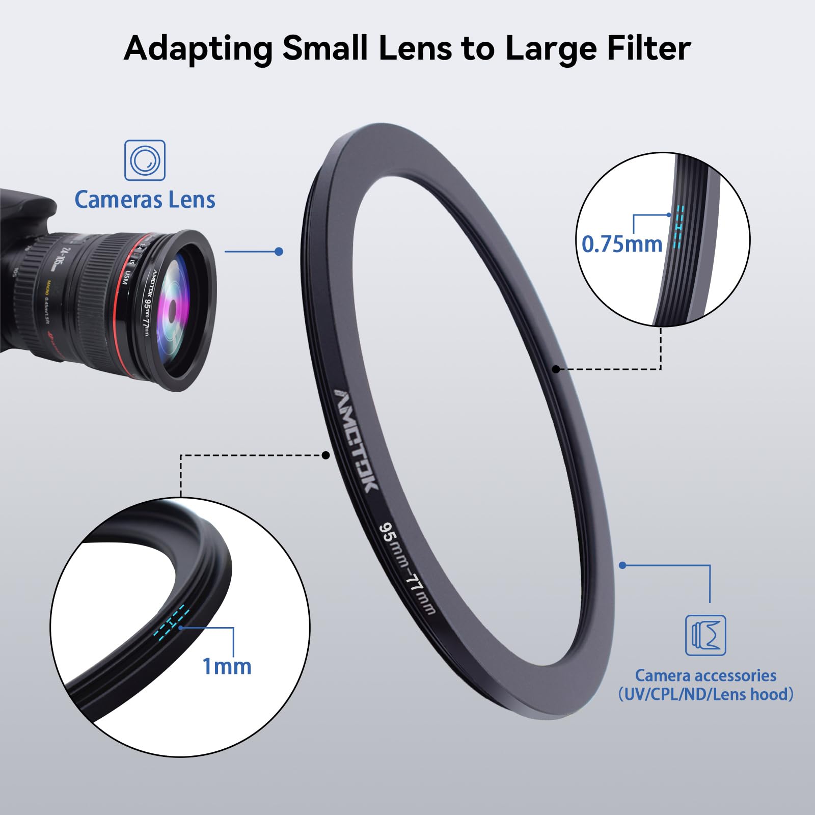 95mm a 77mm Adaptador de Lente de,Anillo Reductor de Filtro de 95mm a 77mm,Compatible con Todos los Accesorios de Filtro de 77mm.Hecho de mecanizado CNC - 4