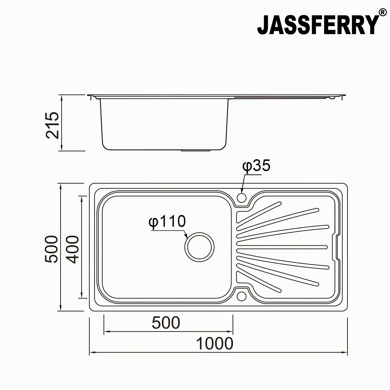 JASSFERRY Fregadero de cocina un seno, de Acero Inoxidable, escurridor reversible, con colador de residuos