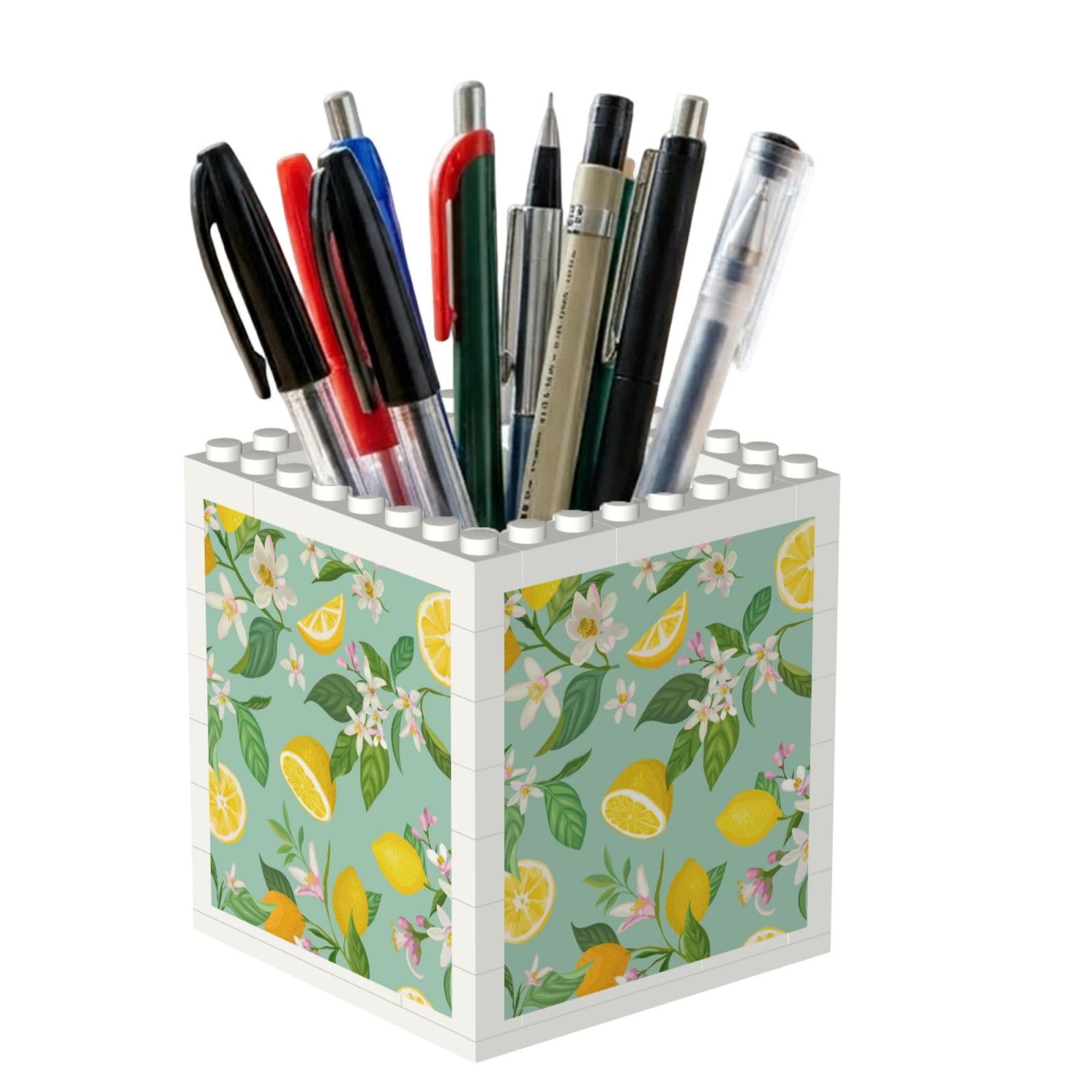 Poadnly Teal Lemon And Leaf Printed, Pen Pot Pencil Holder for Office Home School, Compact Desk Organiser for Office Stationery