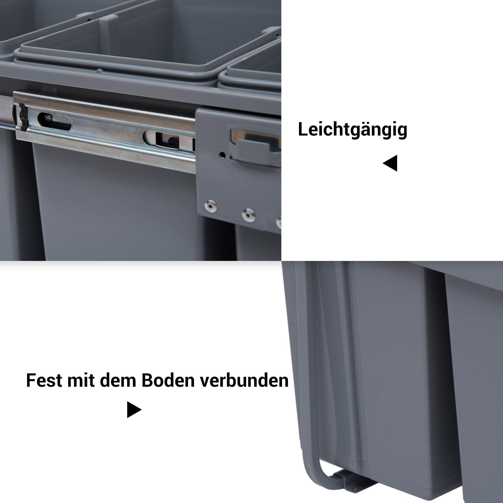 HOMCOM Abfallsammler 20 L+20 L+10 L Ausziehbar für Schränke mit Griff Grau | Einbaumülleimer, Unterschrank Abfalleimer, Mülleimer für Schränke, 3 Herausnehmbare Fächer, Mattierter Deckel