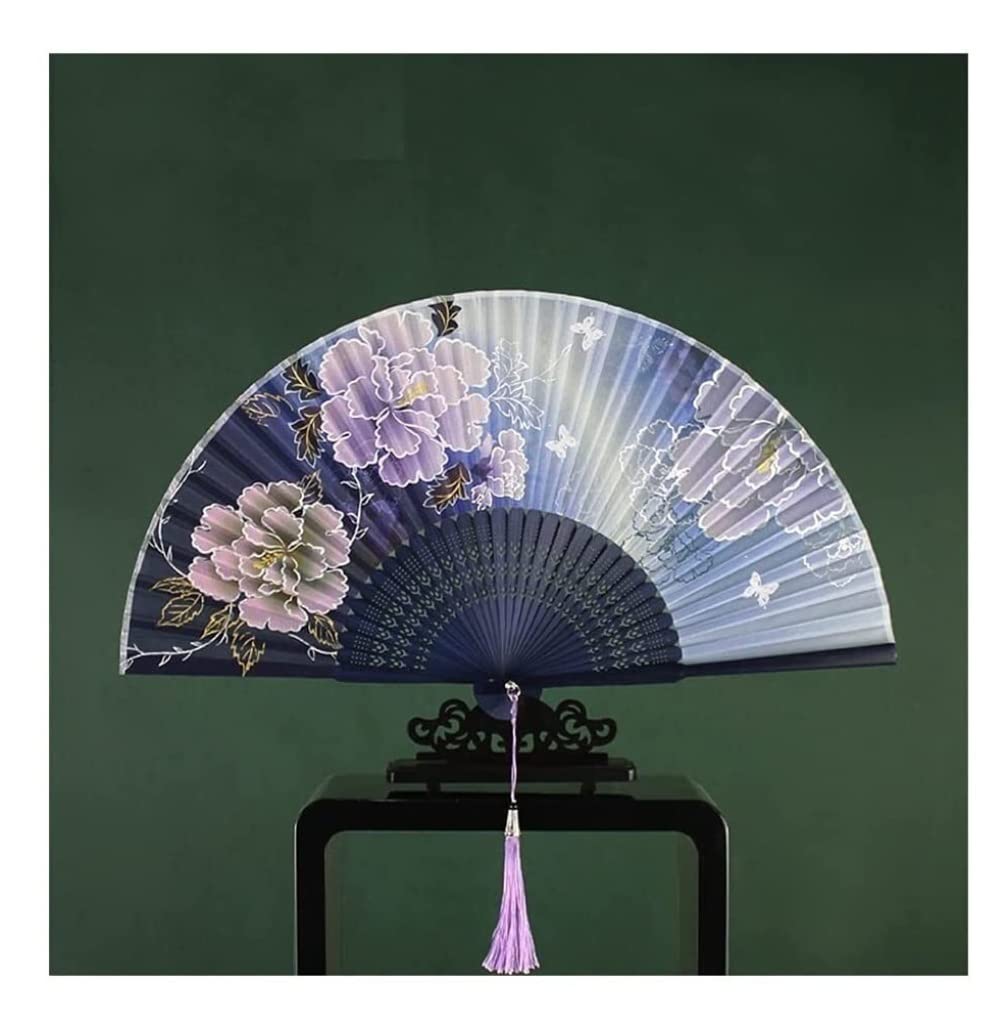 DANNMPX Display Fans Painted Silk Peony Flower Chinese Fan Hand Eventail A Main Bamboo Hand Held(A)