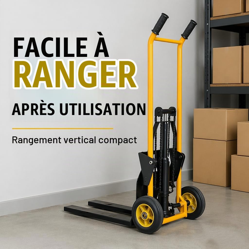Transpalette Manuel Hydraulique 200 kg Empileur Gerbeur avec Fourches Réglables et Pieds Fixes Hauteur de Levage 90 cm Chariot Élévateur pour Atelier, Entrepôt, Magasin Matériel de Manutention