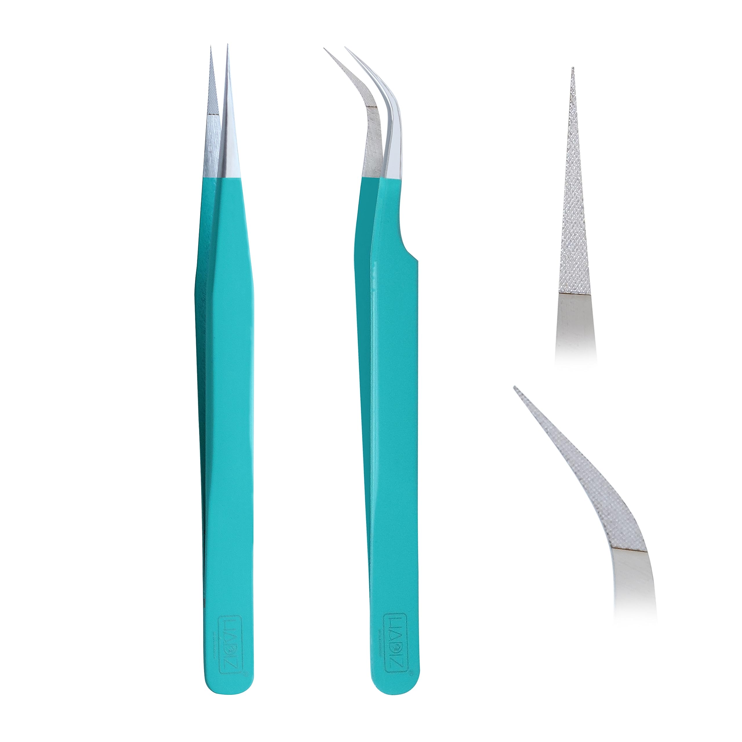 HADIZ Fiber Tip Eyelash Extension Tweezers Volume Lash Tweezer Staright & Curved Pack of Two (turquise)