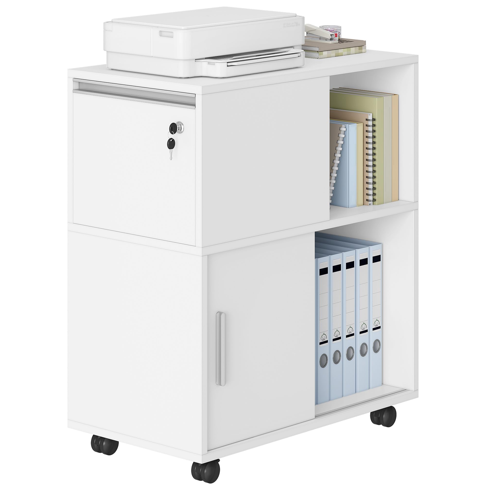 Hzuaneri Rollcontainer 34 x 60 x 70 cm Schubladen Türen weiß