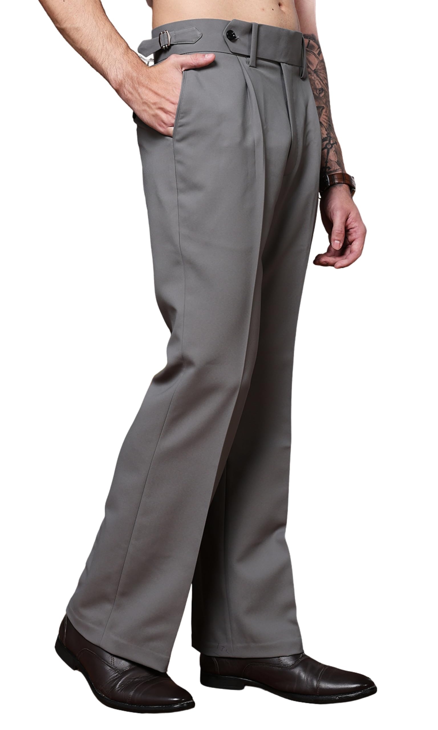 Gurkha Pants for Men | Trouser for Men | Formal Pant | Single Button | Bell Bottom Trouser High Waist Pleated Casual Trousers | Flared Bottom Leg Pants for Office Smart Casual Travel Party-picture-13