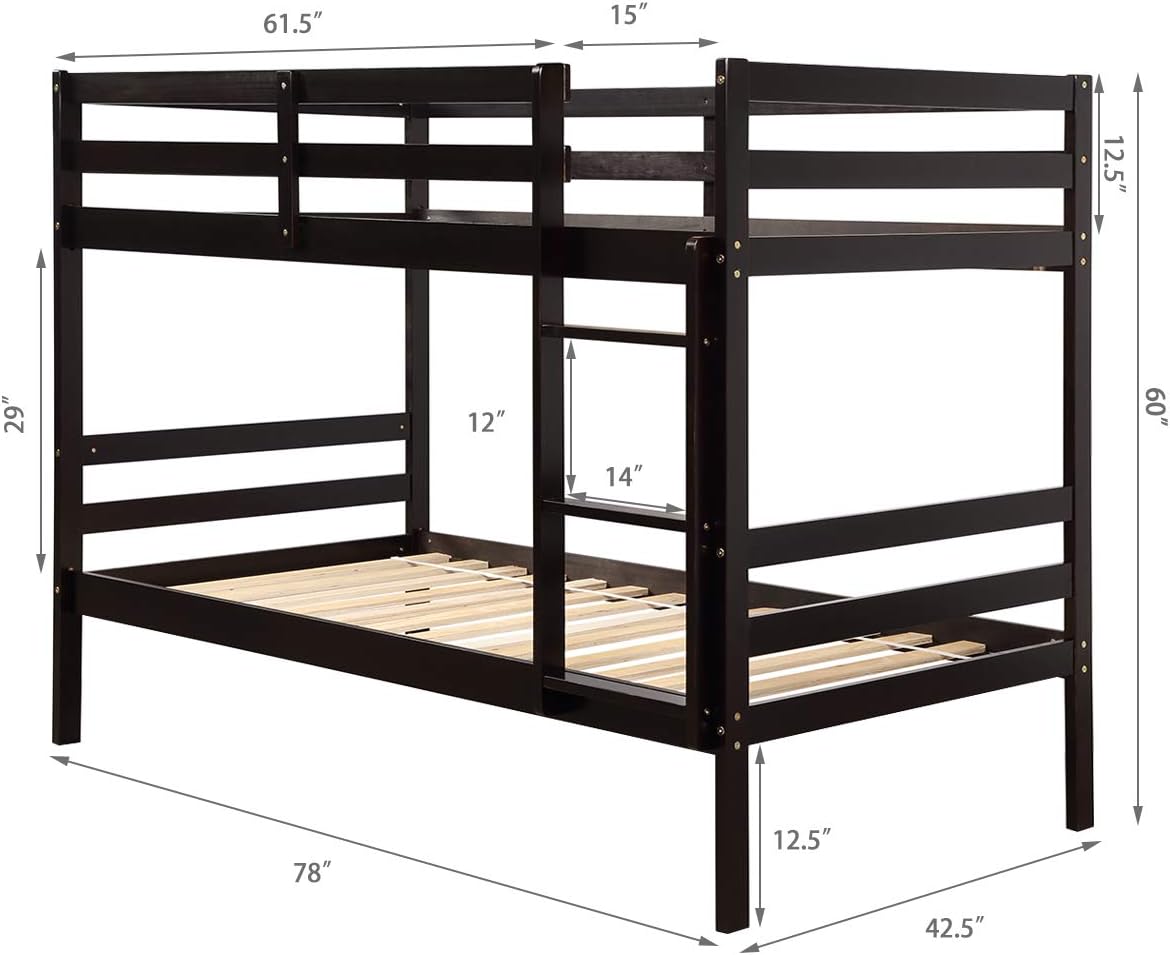 DORTALA Twin Over Twin Bunk Bed, Wood Bunk Bed w/Wide Ladder, Safety High Guardrail, Solid Wood Frame, Flat Slat, Space-Saving Design for Home, Dorm, Apartment, Espresso