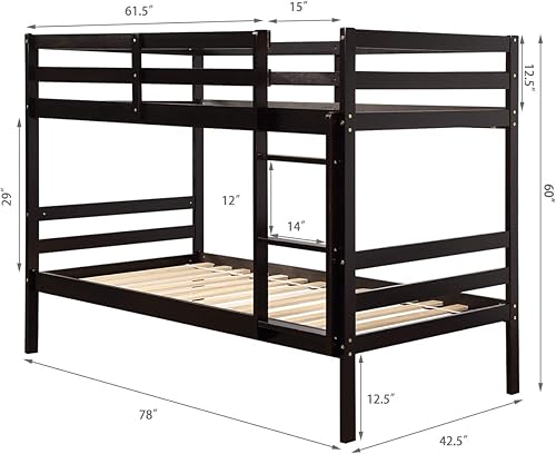 Miniatura 2 de DORTALA Litera individual sobre individual, litera de madera con escalera ancha, barandilla alta de seguridad, marco de madera maciza, listones