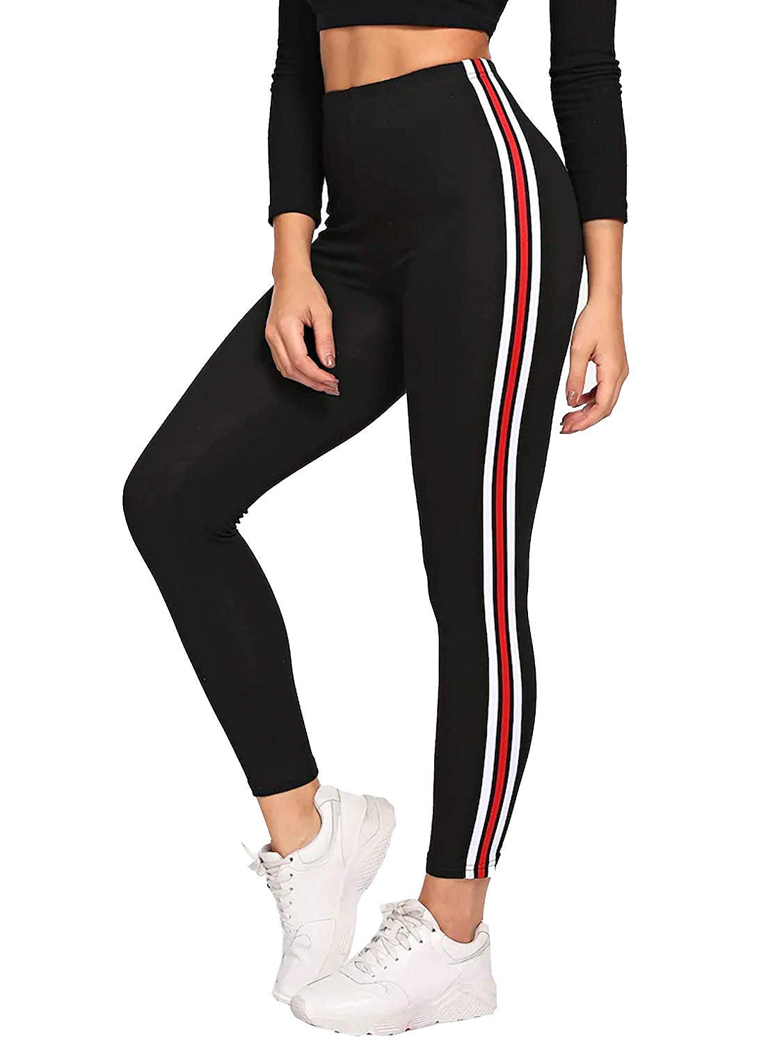 PI WorldWomen's Stretchable Thick Spandex Rib Cotton Fabricating Regular Fit Sports and Fitness All Purpose Side Striped Ankle Length Leggings Tights (Black , Free Size 28-34 Inch)