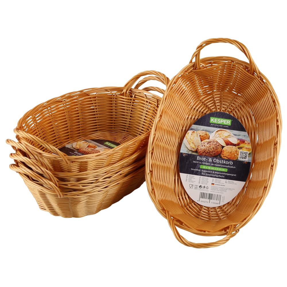 Kesper Bread and Fruit Basket, Pack of 5, Material: Plastic Wicker, Dimensions: 29 x 18 cm, Handle Height: 13 cm, Colour: Brown, 1783615