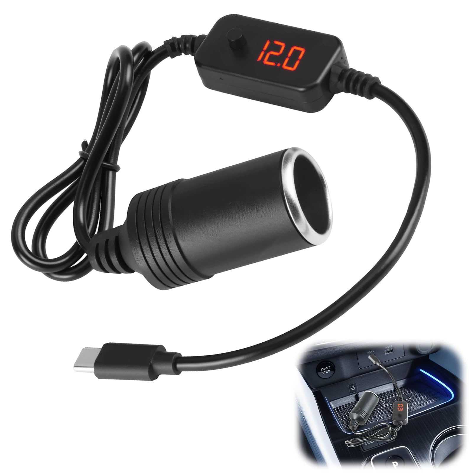USB C auf Zigarettenanzünder Adapter Kabel, USB C Auto Steckdose 12V mit PD Chip, Tragbare Zigarettenanzünder Steckdose für Dashcam Recorder GPS LED Innenbeleuchtung, Autozubehör