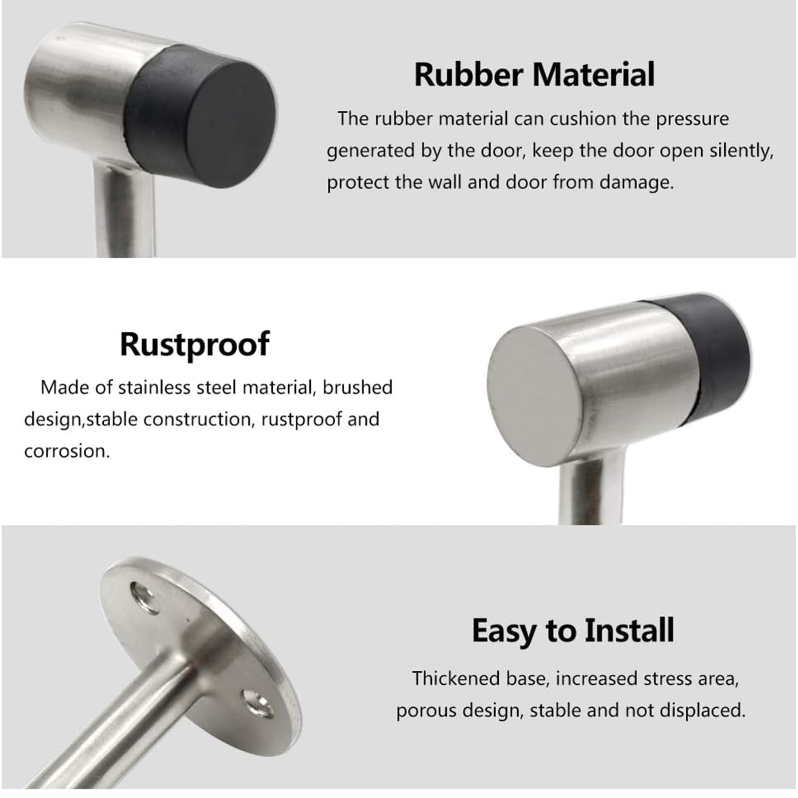 Lot de 4 butées de porte robustes en acier inoxydable nickel brossé 75 mm