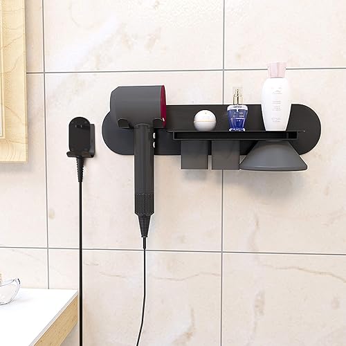 Miniatura 7 de FLE Soporte para secadora de pelo montado en la pared con estante  Soporte para secadora de pelo organizador compatible con secadora de pelo Dyson