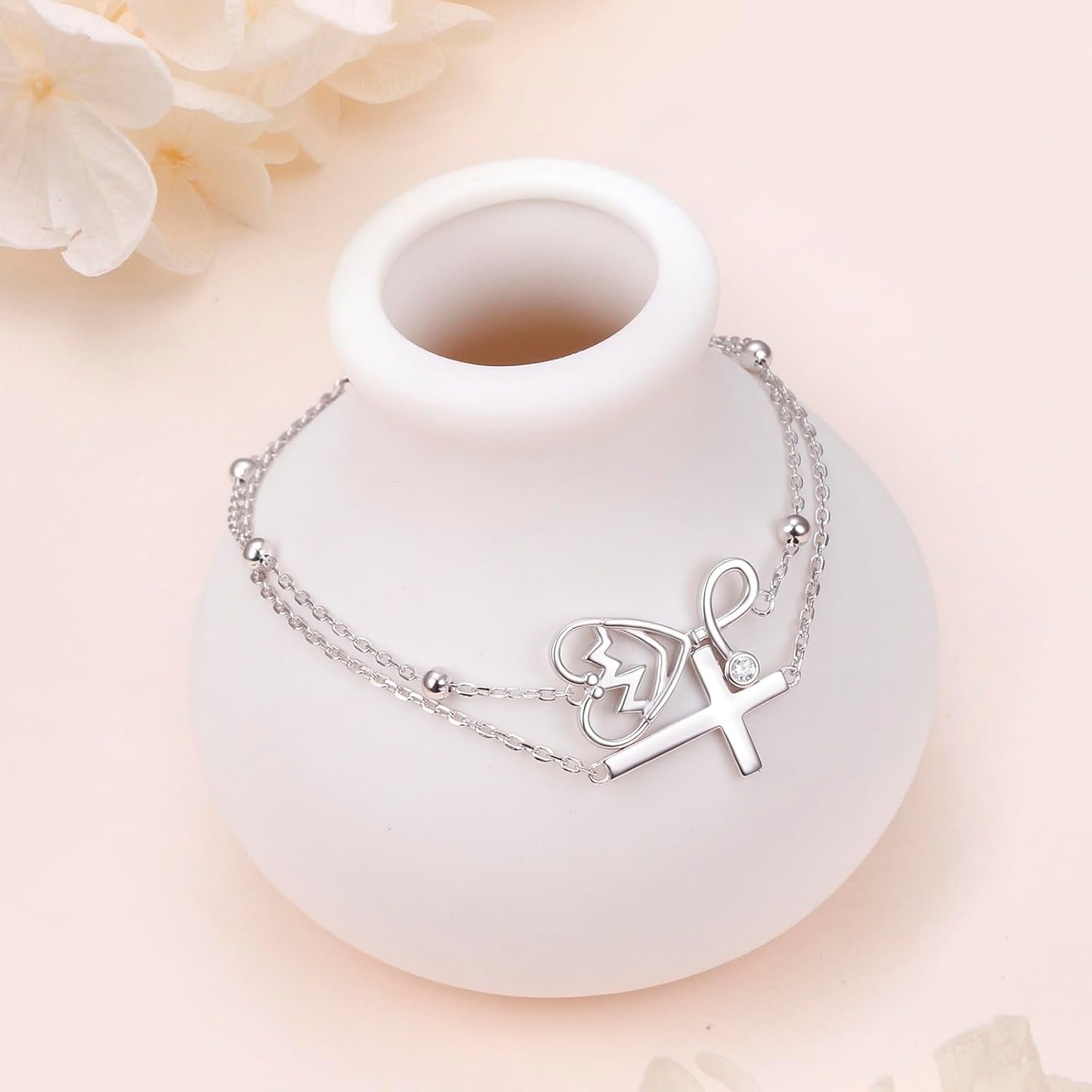 Ladytree 925 Sterling Silver Cross Stethoscope Bracelet for Women Nurse Jewelry Christian Medical Bracelet Gift