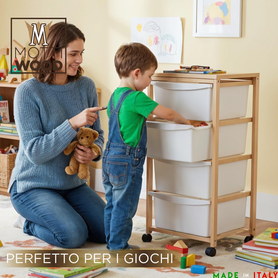 Carrello Multiuso in Legno di Faggio, 4 Cassetti Estraibili, Cassettiera Salva Spazio, 36x34xh82