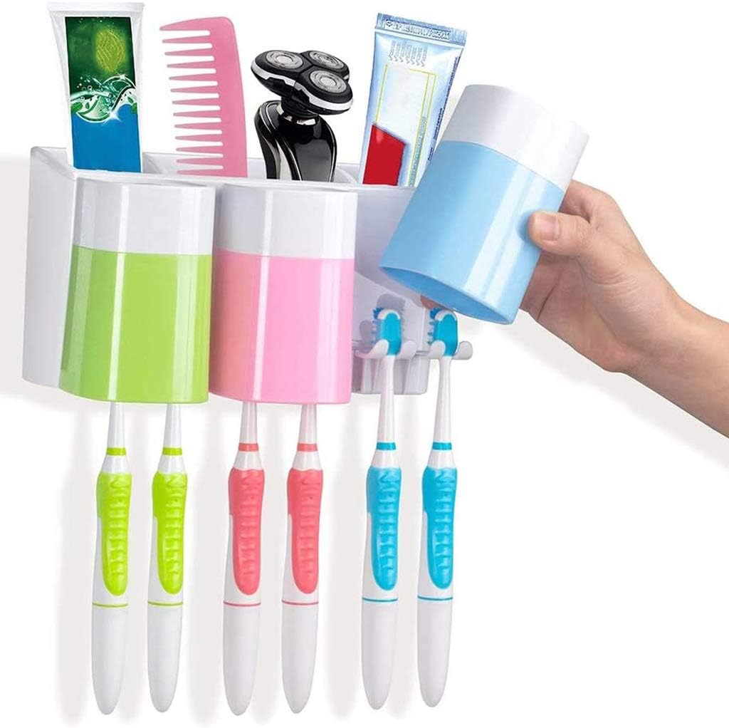 Children's Toothbrush Holder Wall Mounted Adhesive 3 Cup Toothbrush Toothpaste Storage Kit for Bathroom Storage Box