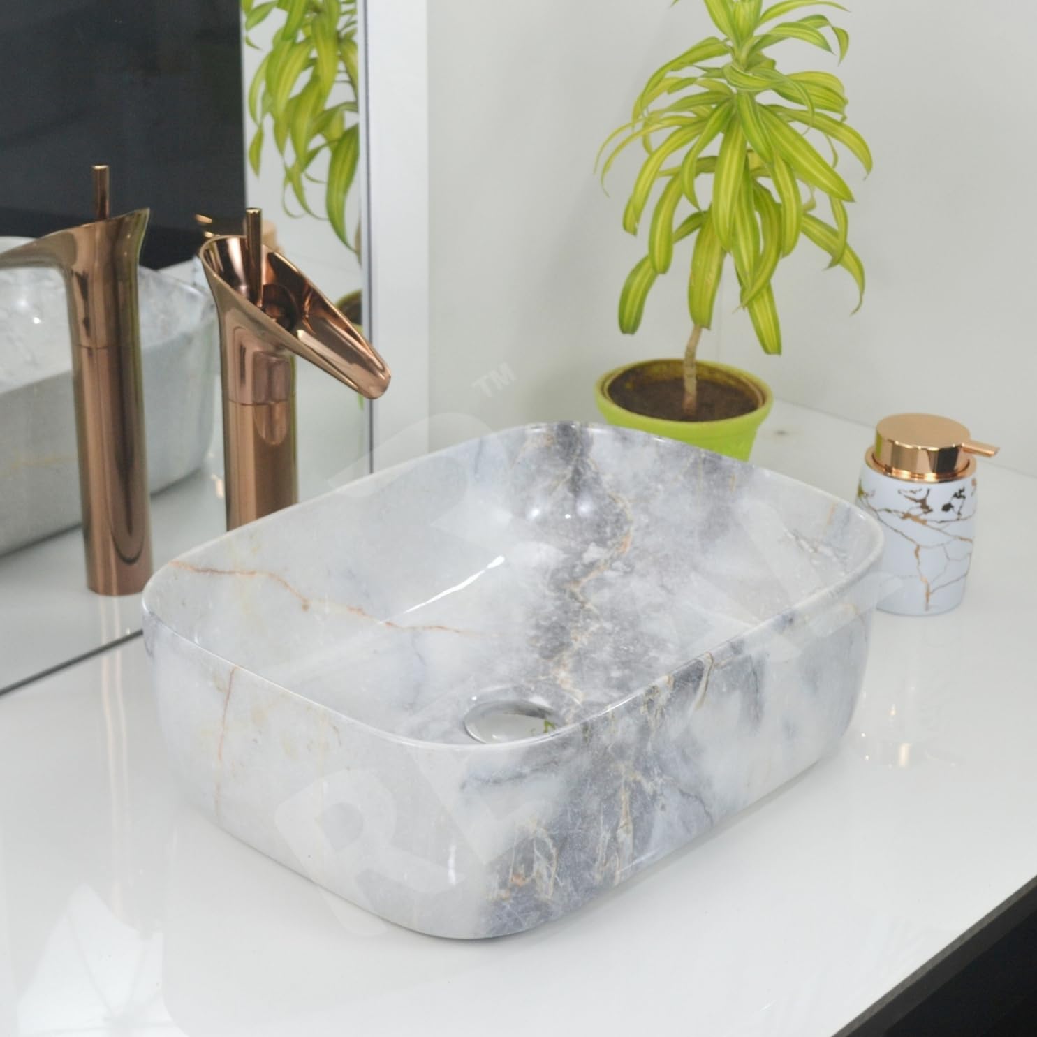 Reyal Marble Wash Basin - Ivory Gold Vessel Sink -25
