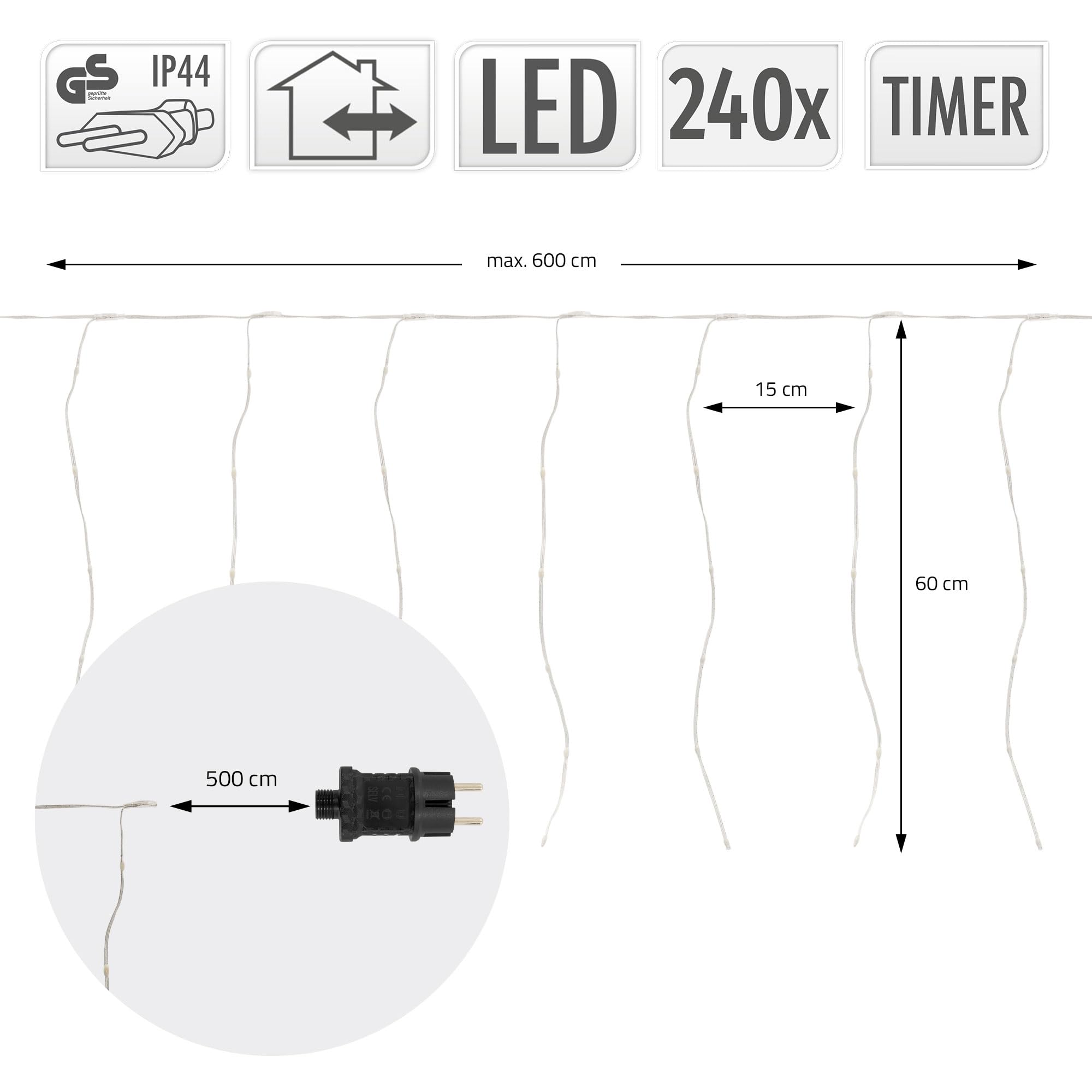 ECD Germany LED Lichtervorhang 6m, 240 LEDs Warmweiß, Timer, 19 Modi, Weihnachtsdeko Innen/Außen, 40 Stränge, LED Lichterketten Vorhang mit Fernbedienung, Weihnachten Fenster Lichterkettenvorhang